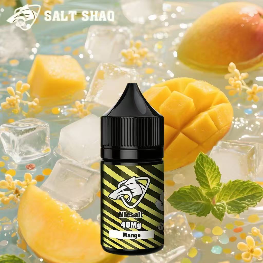鯊克（SALT SHAQ）芒果口味尼古丁鹽電子煙油，30mL 容量，35mg 尼古丁濃度，高還原新鮮芒果香甜風味，順滑不嗆喉，台灣現貨當日出貨。